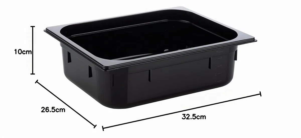 APS 82065 GN 1/2 Depósito Gastronorm de policarbonato, dimensiones 325 x 265 mm/altura 100 mm/volumen 5,9 litros, color negro