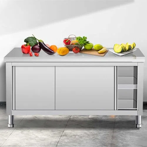 Mesa de trabajo comercial de acero inoxidable con puertas correderas de gabinete, mesa de preparación ideal para cocina, restaurante, hotel, garaje, fácil de limpiar