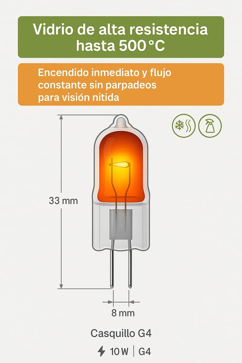 Lámpara Halógena G4 12V 10W 500ºC Vidrio Alta Temperatura 93GS10035 Iluminación Interior Horno Profesional Resistente al Calor 120 Lúmenes Ø8x33 Mm Recambio Cocina Industrial