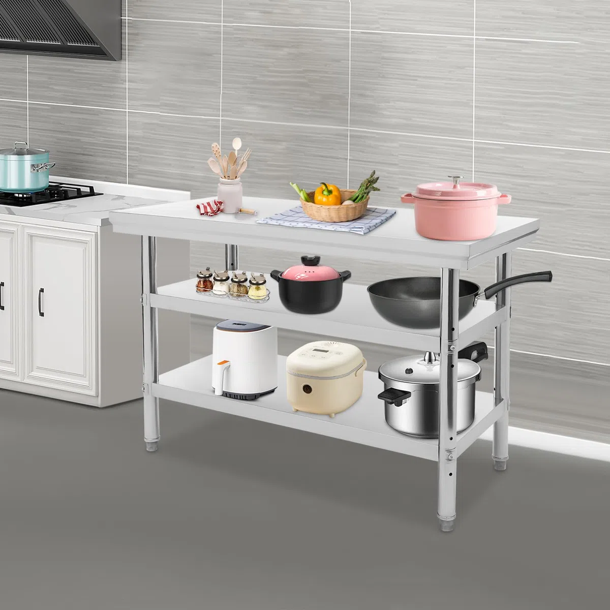 Mesa de trabajo de acero inoxidable de 3 niveles, altura ajustable, mesa de cocina, placas gruesas para cocinas, garajes, jardines, bufés, eventos de catering, almacenamiento de objetos, 120