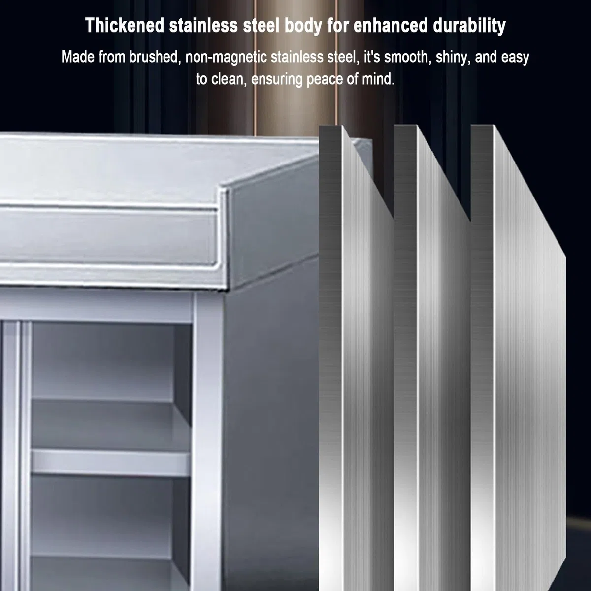 Mesa de preparación de acero inoxidable de varios niveles, mesa de trabajo comercial con puertas correderas y armarios de almacenamiento, diseño resistente, capacidad de 1240 libras, ideal para cocina