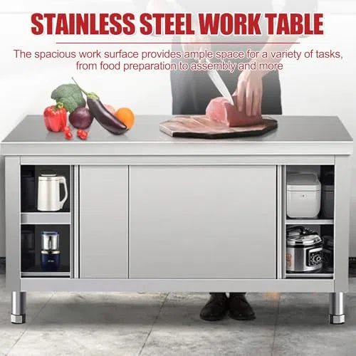 Mesa de trabajo comercial de acero inoxidable con puertas correderas de gabinete, mesa de preparación ideal para cocina, restaurante, hotel, garaje, fácil de limpiar