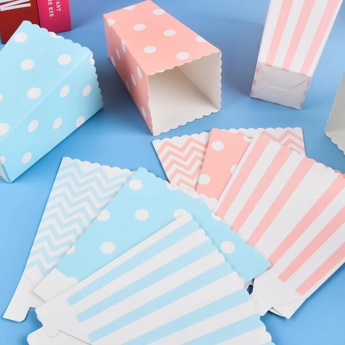 Volumoon Mini Caja de Palomitas, Cubo para Palomitas de Maíz (Juego De60), Bonitos Contenedor Azul y Rosa para Merienda, para Decoración Cumpleaños Fiestas Noche de Cine y Navidad
