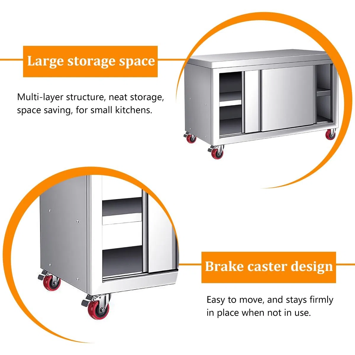 Mesa de trabajo de acero inoxidable con puertas corredizas, mesa de preparación de cocina comercial resistente con gabinete y ruedas, soporta hasta 1240 libras para uso en restaurantes y hoteles