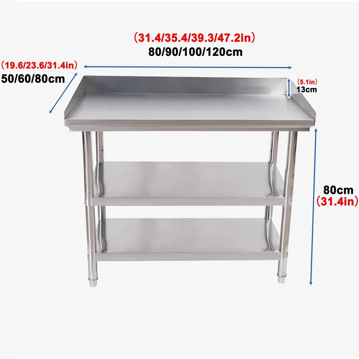 Mesa de preparación comercial de acero inoxidable resistente con protección contra salpicaduras, pies ajustables, estación de trabajo de cocina para restaurante, hogar, hotel, 80 x 60 cm