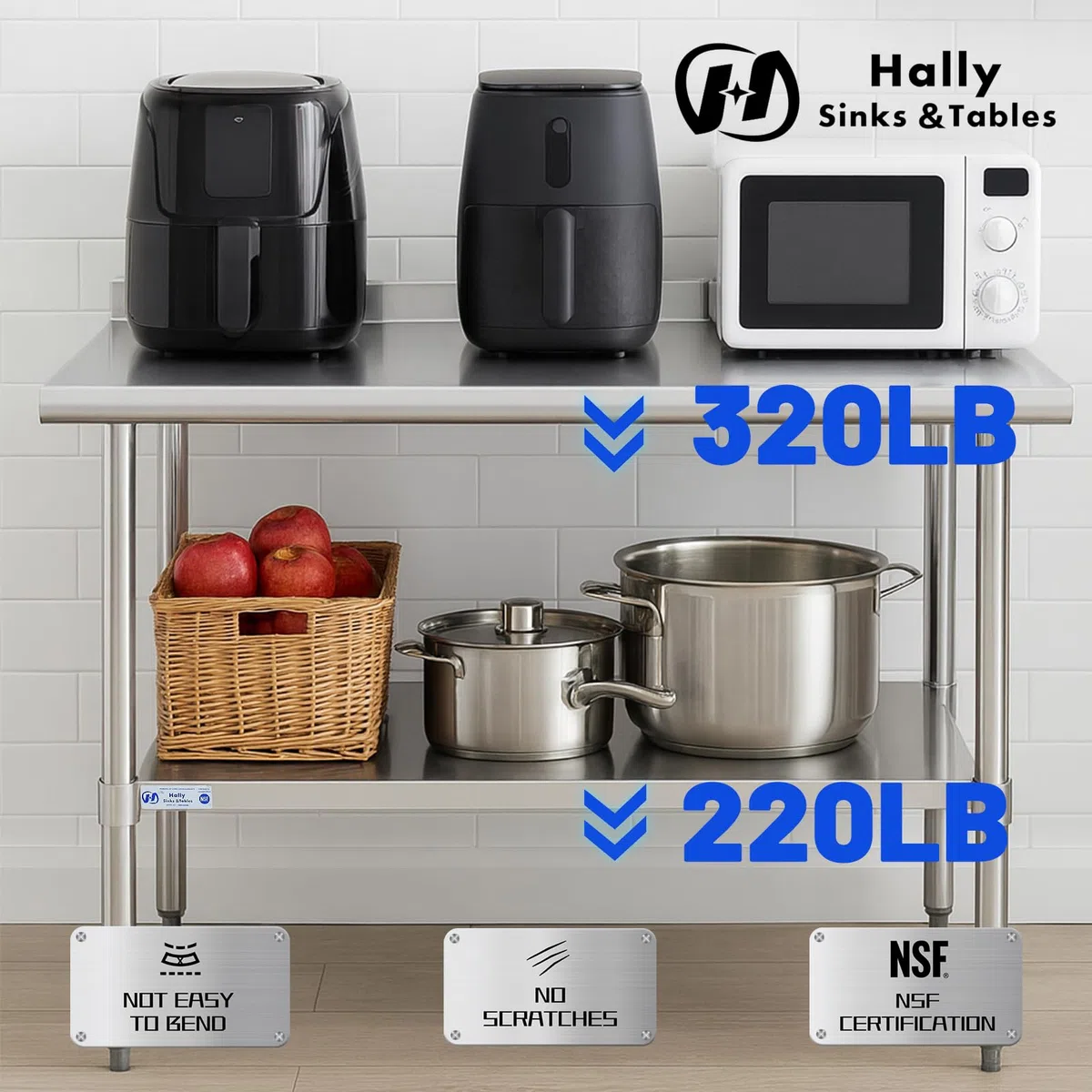 Hally - Mesa de acero inoxidable para preparación y trabajo, 14 x 30 pulgadas, mesa comercial NSF resistente con estante inferior y protector contra salpicaduras para restaurante, hogar y hotel