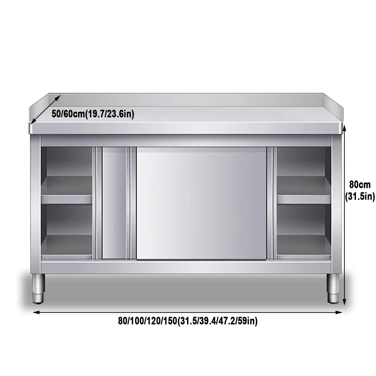 Mesa de preparación de acero inoxidable de varios niveles, mesa de trabajo comercial con puertas correderas y armarios de almacenamiento, diseño resistente, capacidad de 1240 libras, ideal para cocina