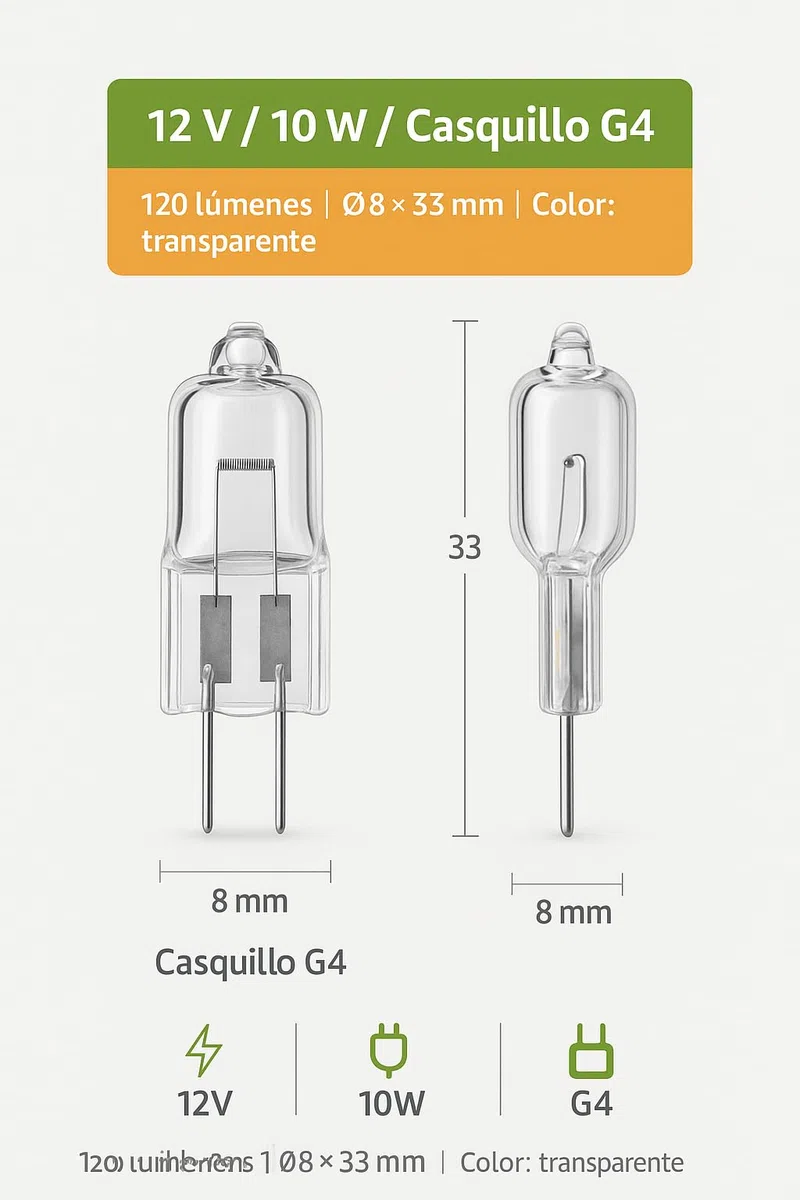 Lámpara Halógena G4 12V 10W 500ºC Vidrio Alta Temperatura 93GS10035 Iluminación Interior Horno Profesional Resistente al Calor 120 Lúmenes Ø8x33 Mm Recambio Cocina Industrial