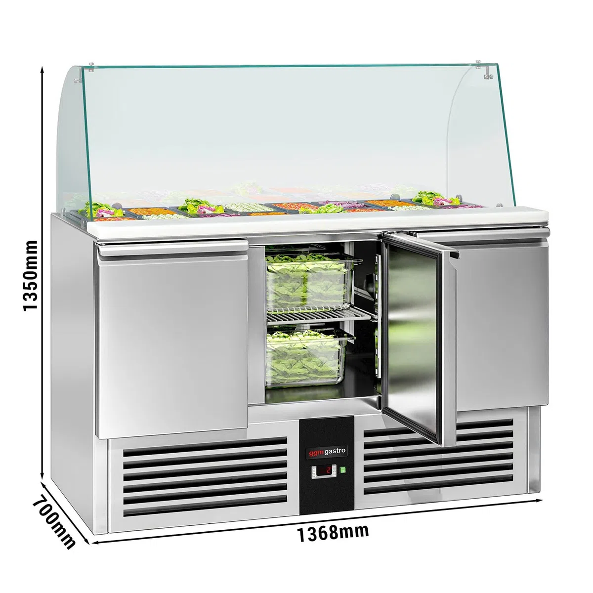 GGM Gastro Saladette PREMIUM - 4x GN 1/1 - Tapa de vidrio alta - 3 puertas - 368 litros - 240 W - Función de descongelación automática - Frente negro - Acero inoxidable - SAG147DRG#GSG147