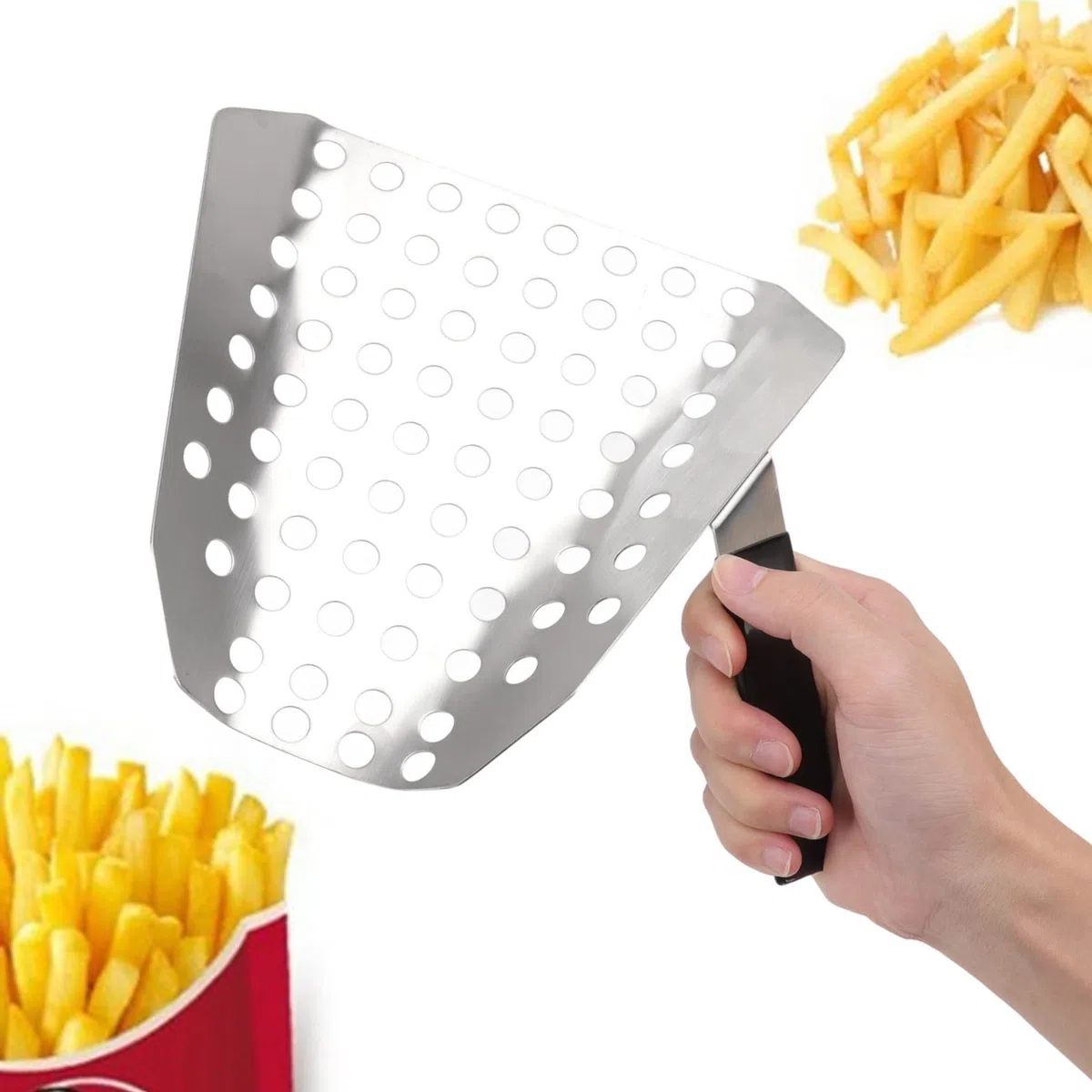 Pala para Palomitas de Ma¨ªz y Patatas Fritas Acero Inoxidable Perforada con Mango para Filtrar Aceite y Granos Sin Reventar
