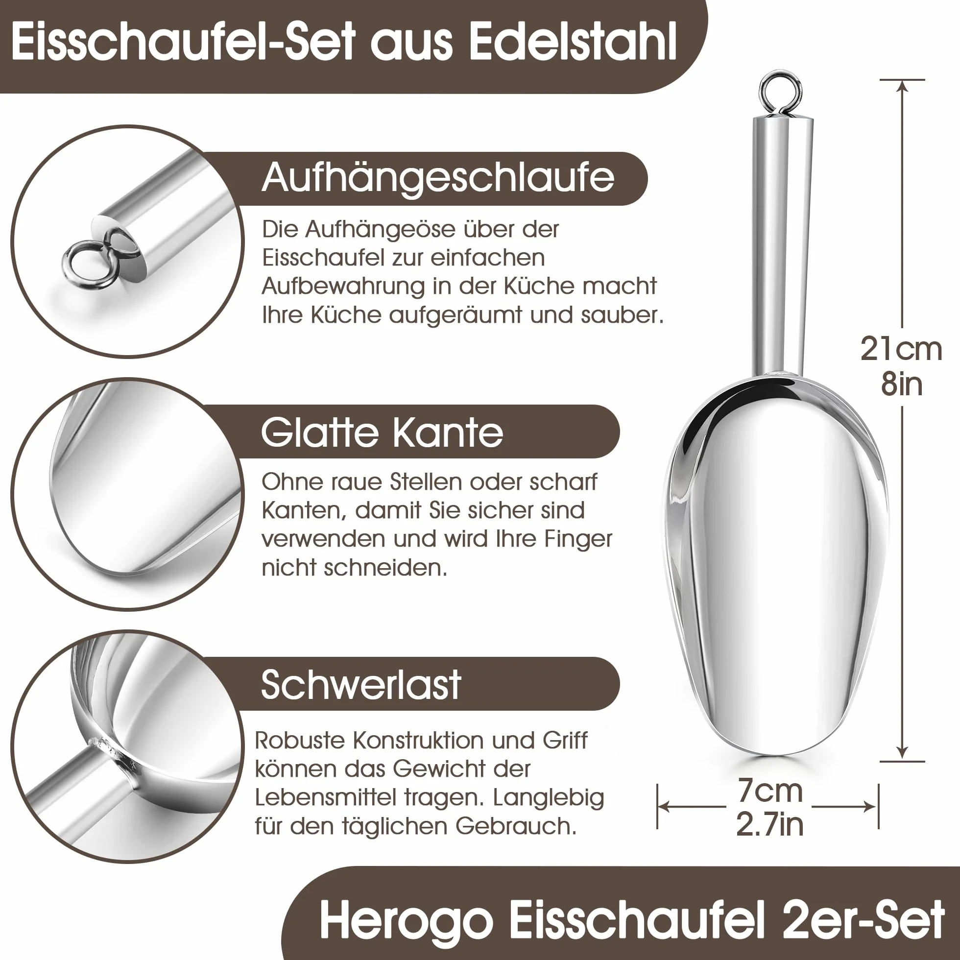 Herogo Cuchara de harina de acero inoxidable 2 unidades pequeña pala de pesaje para harina alimento de café caramelos pala de llenado para cocina bar boda buffet fiesta apto para lavavajillas