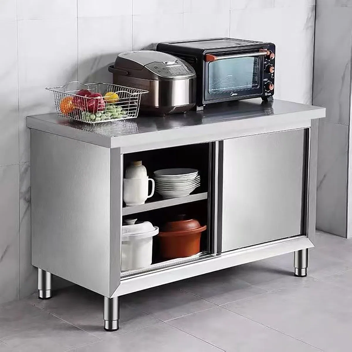 Mesa de trabajo de acero inoxidable con puerta corredera, mesa de preparación comercial resistente para cocina y restaurante, capacidad de carga de 1240 libras