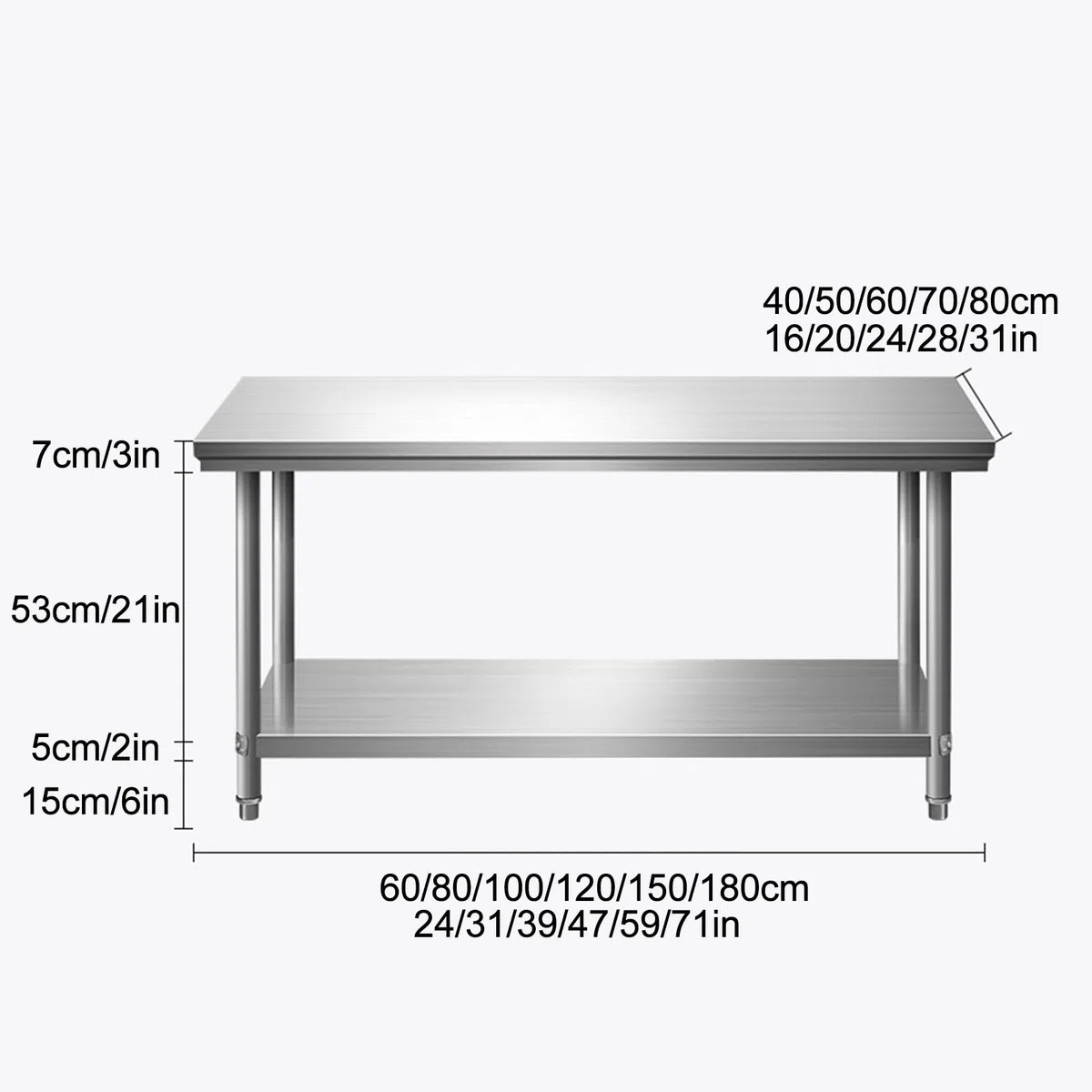 Mesa de preparación de Alimentos, Mesa Comercial de Acero Inoxidable, Mesa de Trabajo para Barbacoa con 2 estantes, Mesa de Trabajo de Cocina Resistente, para el hogar, Restaurante, Hotel, a