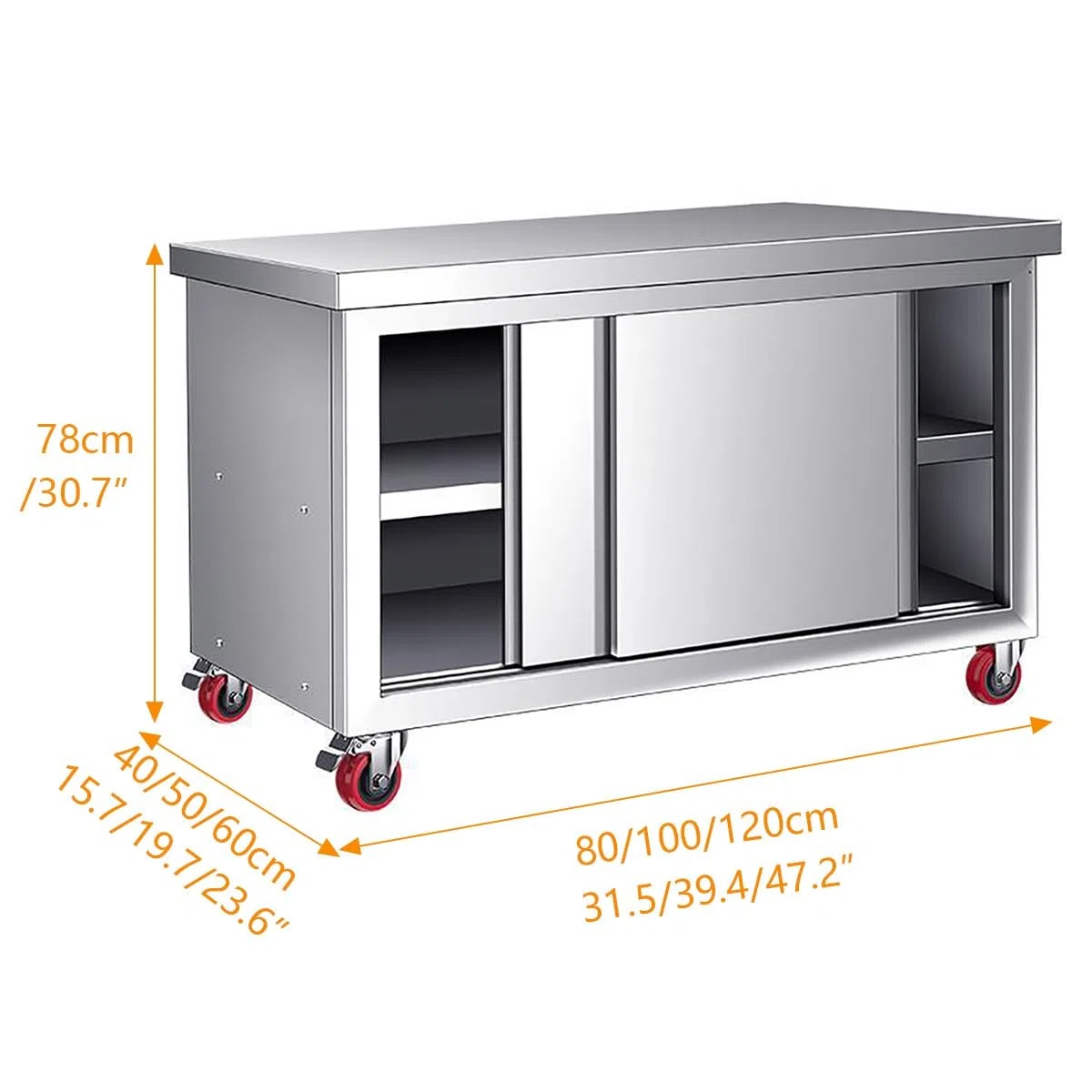Mesa de trabajo de acero inoxidable con puertas corredizas, mesa de preparación de cocina comercial resistente con gabinete y ruedas, soporta hasta 1240 libras para uso en restaurantes y hoteles