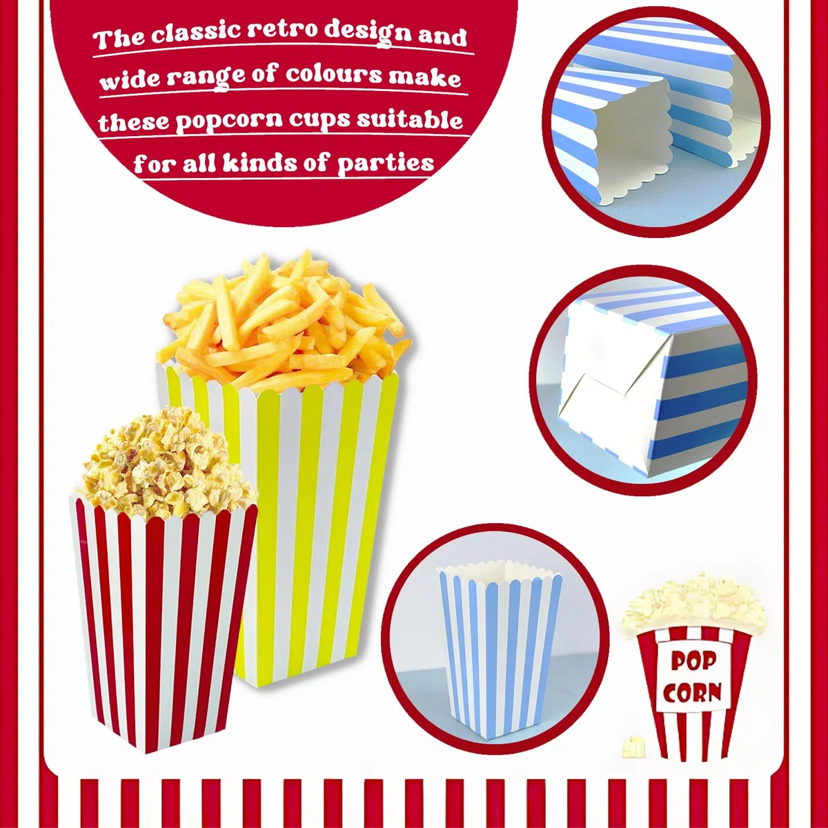 50 PCS Cajas Palomitas,olsas Pequeñas para Palomitas de Maíz y Caramelos Cajas de Papel, Fácil de Montar, Bolsas Palomitas a Rayas for Cinema Parties Events and Home Cinema