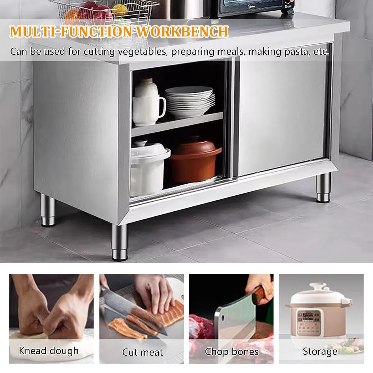 Mesa de trabajo de acero inoxidable con puerta corredera, mesa de preparación comercial resistente para cocina y restaurante, capacidad de carga de 1240 libras