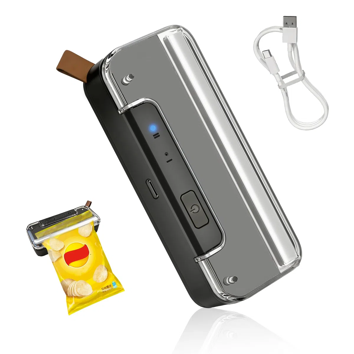 Mini Sellador de Bolsas, 2 En 1 Selladora Térmica con Cortador, Portátil Recargable por USB Base Magnética (Auto-Off), Termoselladora para Bolsas de Virutas, Aperitivos,Frutas,Galletas - Negro