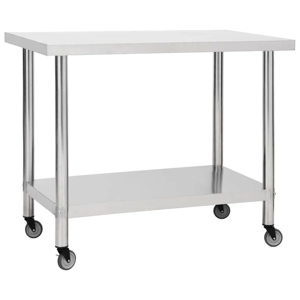 Mesa de trabajo de cocina de acero inoxidable de grado comercial, 100 x 30 x 85 cm, con ruedas y estante, ideal para preparación de alimentos, almacenamiento, restaurantes, catering, hoteles