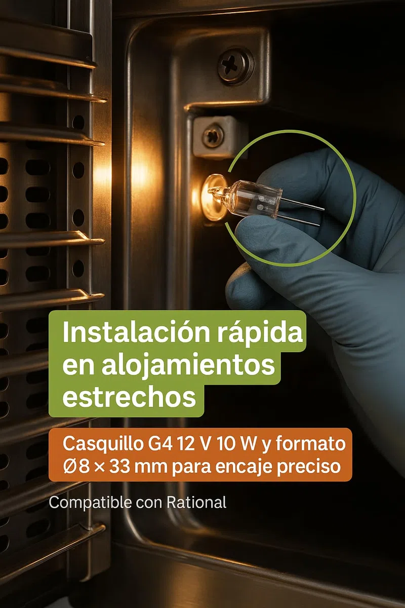 Lámpara Halógena G4 12V 10W 500ºC Vidrio Alta Temperatura 93GS10035 Iluminación Interior Horno Profesional Resistente al Calor 120 Lúmenes Ø8x33 Mm Recambio Cocina Industrial