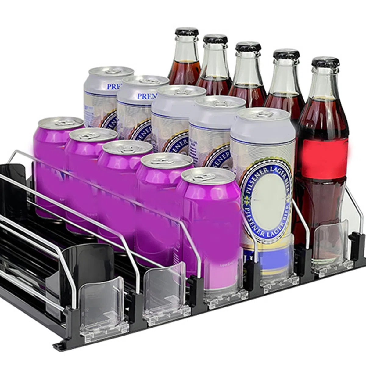 Nevera Dispensador, Automático Dispensador, Organizador De Latas Grande Para Nevera, Barra Doble De Barra Negra, Deslizador Ajustable, Grupo De Tres Filas, 38 * 25 * 8 Cm