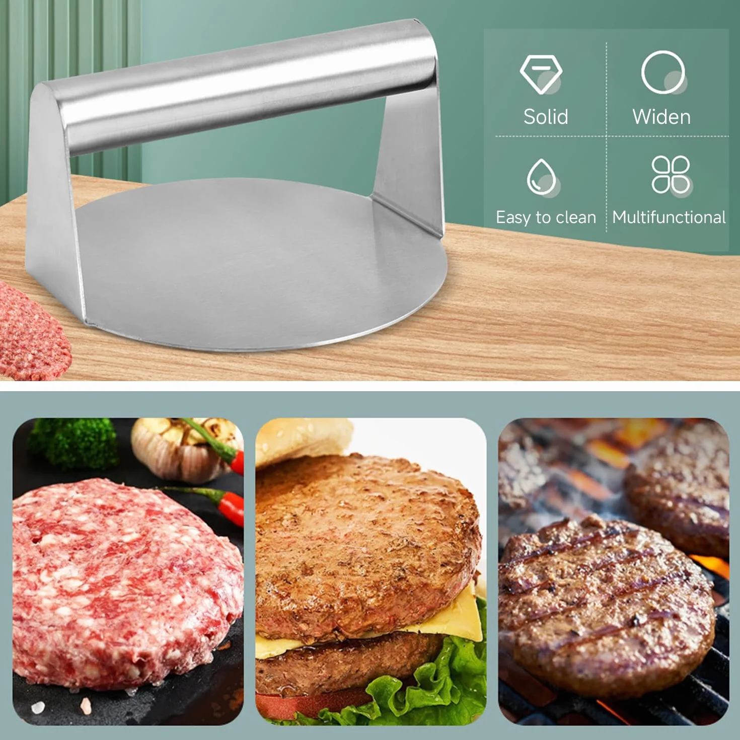 1 Prensa para Hamburguesas, 1 Trapo Metálico, Prensa para Hamburguesas Redonda, Prensa para Tortillas De Acero Inoxidable, Utensilios De Cocina