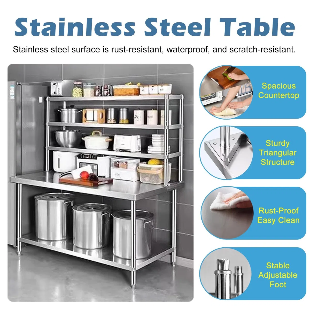 Mesa de Trabajo para Restaurante, estantería de Acero Inoxidable de 3 Niveles con Amplia Mesa de Trabajo para preparación de Alimentos en cocinas y lavanderías, mesas de Servicio de 0,6 mm d