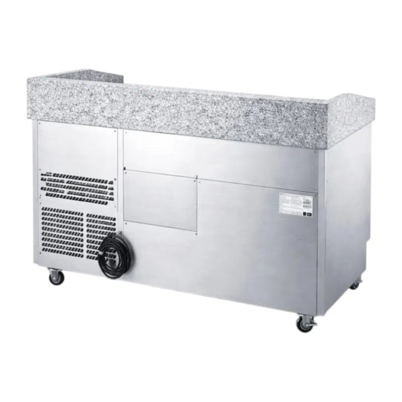 GN 1/1 R290 - Mesa de pizza refrigerada de 3 puertas de granito, 1400 mm, 368 L, con respaldo