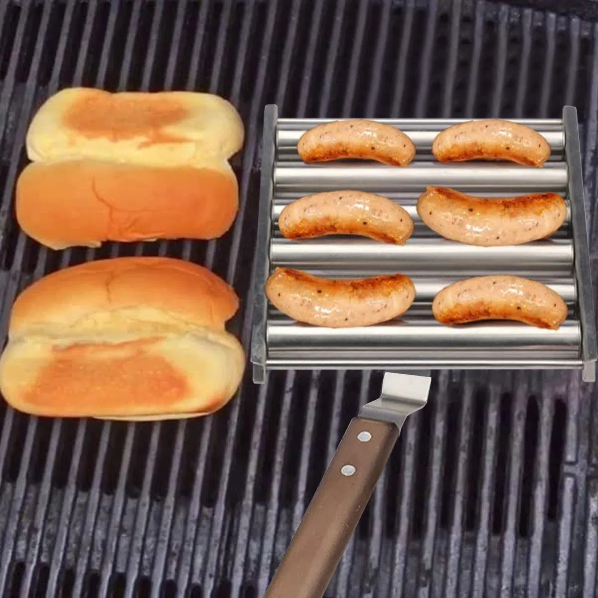 Hot Dog Roller - Rodillo para salchichas (acero inoxidable, mango de madera extralargo)
