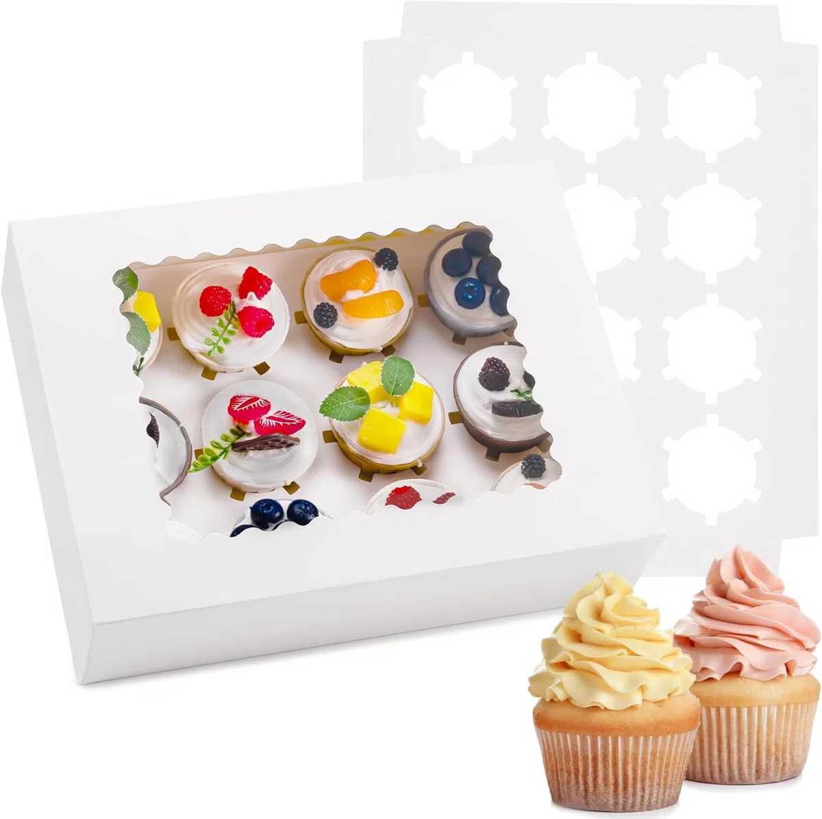P PIPITA - Caja para cupcakes rectangular clásica, 10 cajas de 12 magdalenas, ventana transparente, resistente y duradera, 32 x 24 x 9 cm
