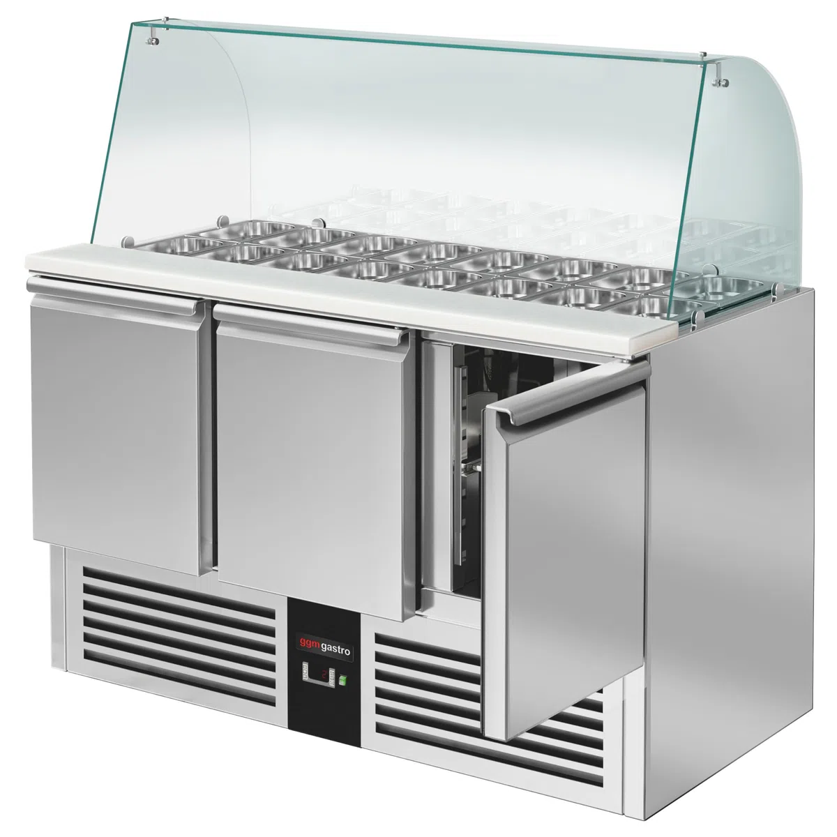 GGM Gastro Saladette PREMIUM - 4x GN 1/1 - Tapa de vidrio alta - 3 puertas - 368 litros - 240 W - Función de descongelación automática - Frente negro - Acero inoxidable - SAG147DRG#GSG147