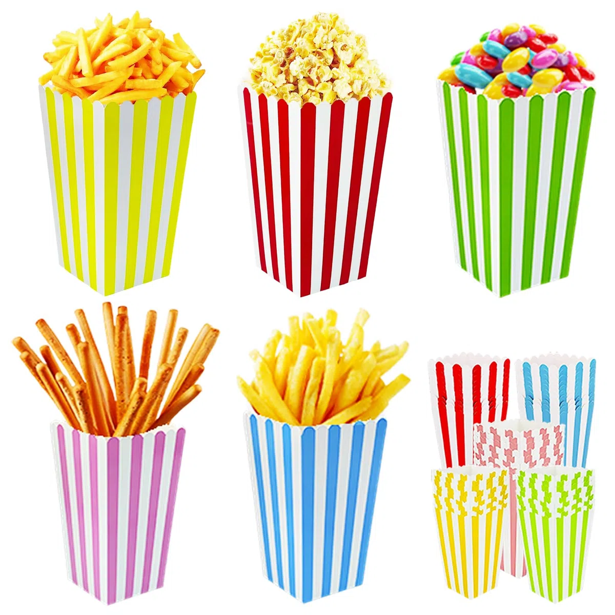 50 PCS Cajas Palomitas,olsas Pequeñas para Palomitas de Maíz y Caramelos Cajas de Papel, Fácil de Montar, Bolsas Palomitas a Rayas for Cinema Parties Events and Home Cinema