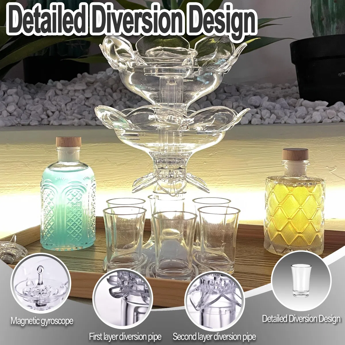 Dispensador y soporte de doble capa mejorado con 6 vasos de chupito, dispensador de llenado de líquido, dispensador de cerveza, dispensador de bebidas para jugo o vino con cepillo