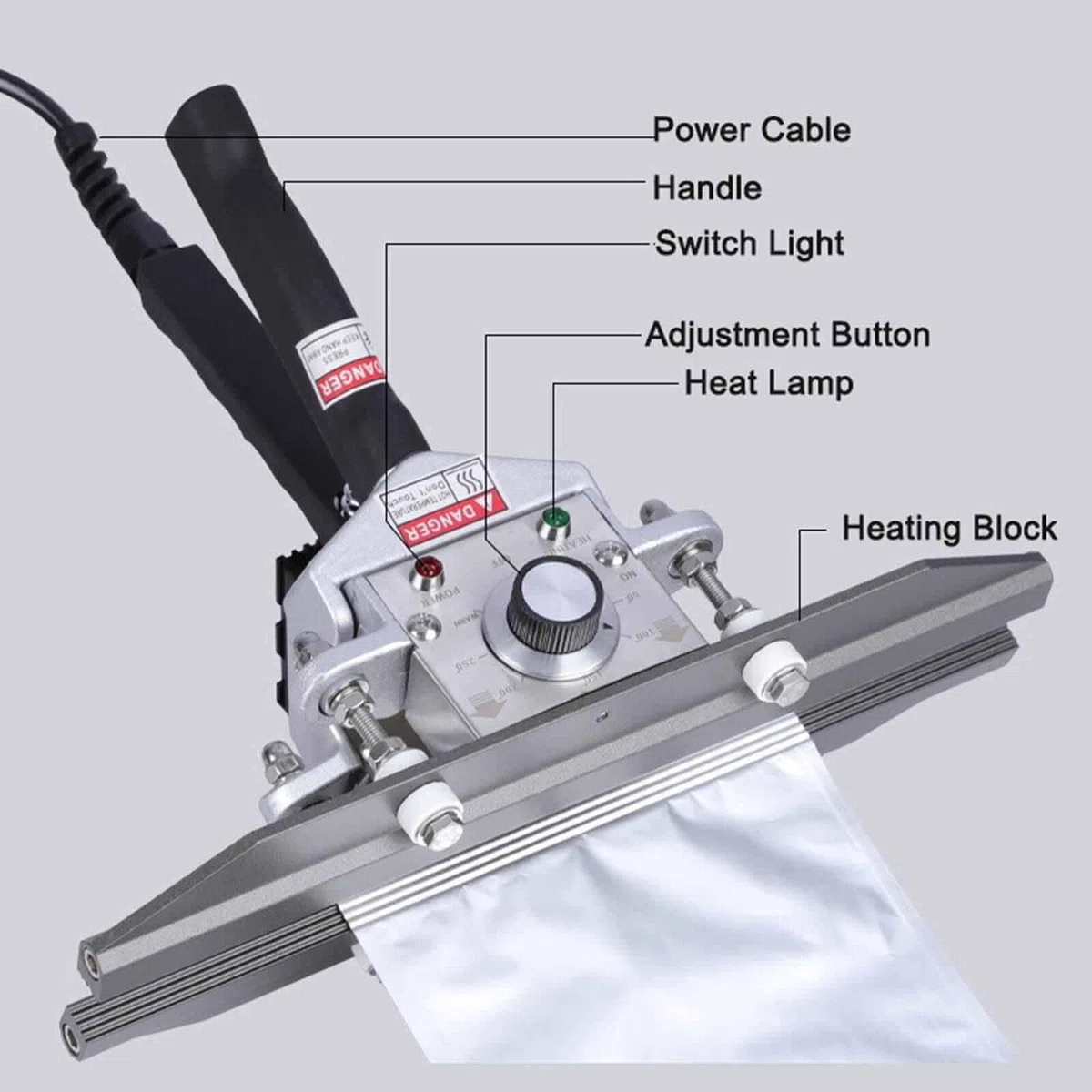 Sellador térmico portátil de mano, sello a rayas, calefacción de doble cara, temperatura ajustable, semiautomático, para volver a sellar papel de aluminio, papel kraft y bolsas de poliéster