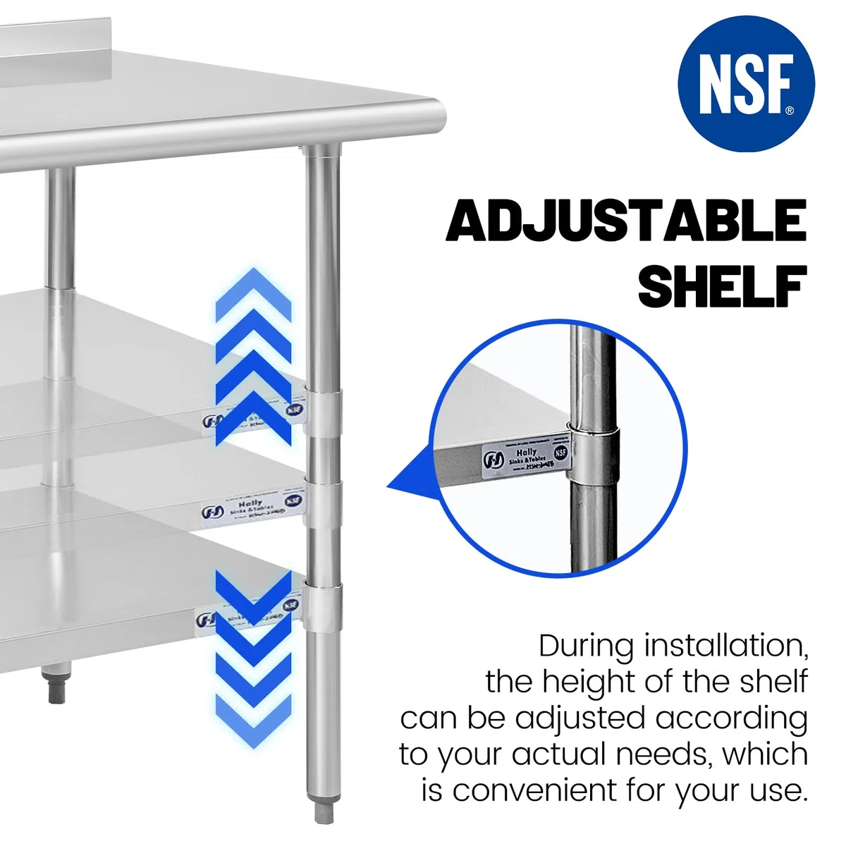 Hally - Mesa de acero inoxidable para preparación y trabajo, 14 x 30 pulgadas, mesa comercial NSF resistente con estante inferior y protector contra salpicaduras para restaurante, hogar y hotel