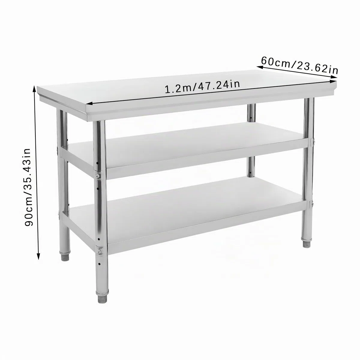 Mesa de trabajo de acero inoxidable de 3 niveles, altura ajustable, mesa de cocina, placas gruesas para cocinas, garajes, jardines, bufés, eventos de catering, almacenamiento de objetos, 120