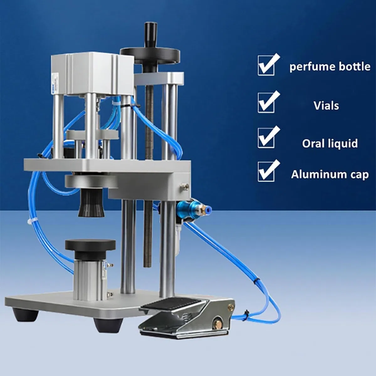 Máquina neumática taponadora de Botellas para perfumes, aceites Esenciales y Aerosoles. Selladora de Tapas metálicas de 20 mm.