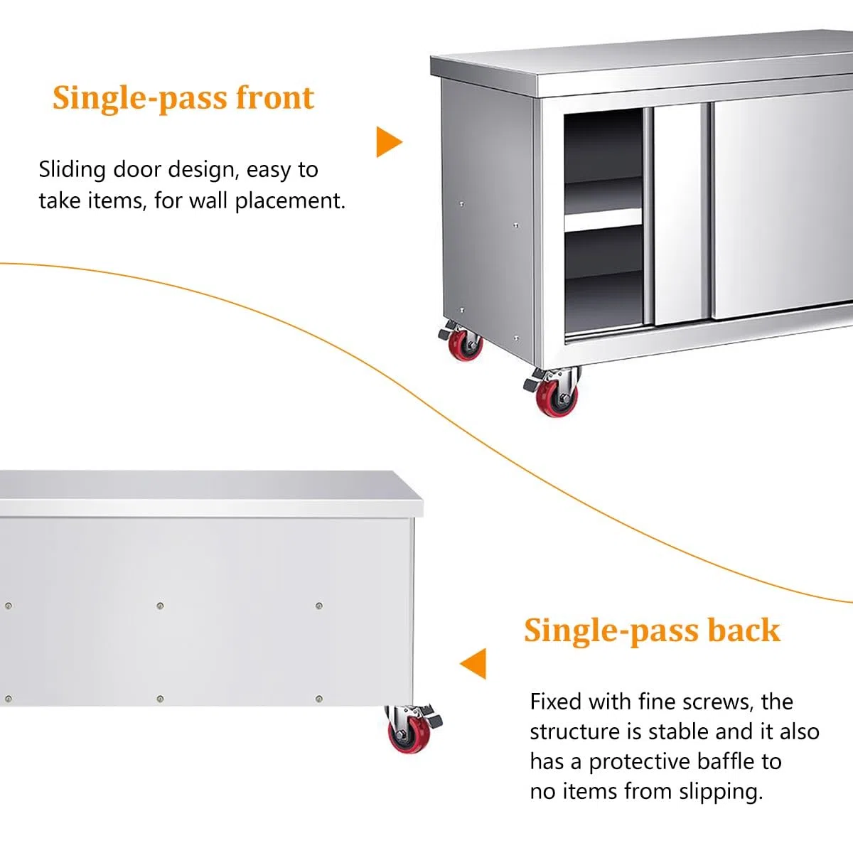Mesa de trabajo de acero inoxidable con puertas corredizas, mesa de preparación de cocina comercial resistente con gabinete y ruedas, soporta hasta 1240 libras para uso en restaurantes y hoteles