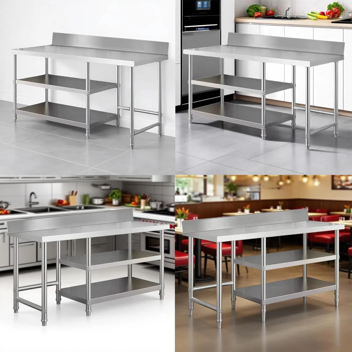 Mesa de trabajo de cocina de acero inoxidable 304 resistente con barandilla, banco de trabajo de altura ajustable (110 x 50 x 80 cm), ideal para cocinar alimentos y uso comercial