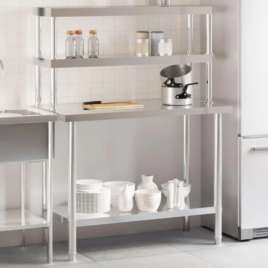 Mesa de trabajo de acero inoxidable con placa superior 110 x 55 x 150 cm, mesa de preparación con 2 estantes para gastronomía, cocina, restaurante, bar