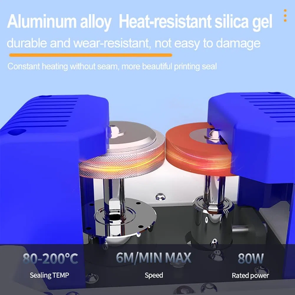Máquina de envasado de alimentos, sellador térmico para bolsas de plástico y aluminio, sellador de banda continua de 80 W para bolsas de papel kraft y PVC, 5 m/min para un embalaje eficiente