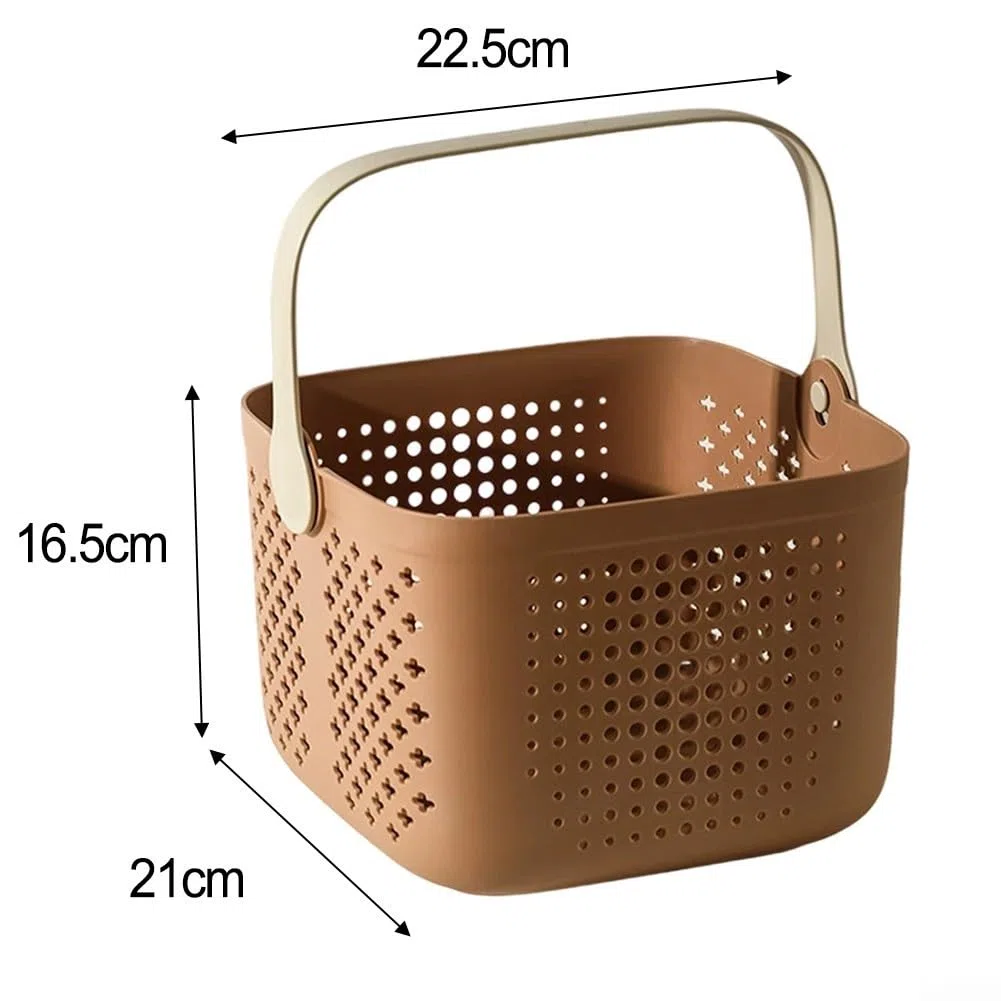Cesta de ducha portátil con drenaje hueco y asa, adecuada para artículos de tocador y productos de limpieza (marrón)