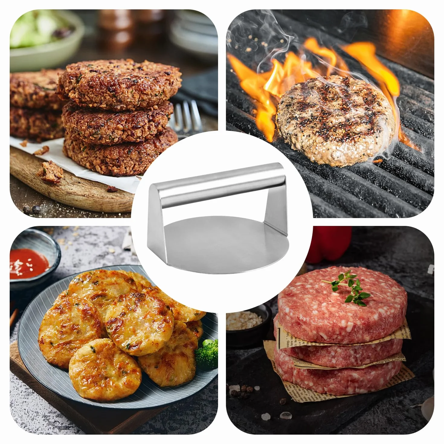 1 Prensa para Hamburguesas, 1 Trapo Metálico, Prensa para Hamburguesas Redonda, Prensa para Tortillas De Acero Inoxidable, Utensilios De Cocina