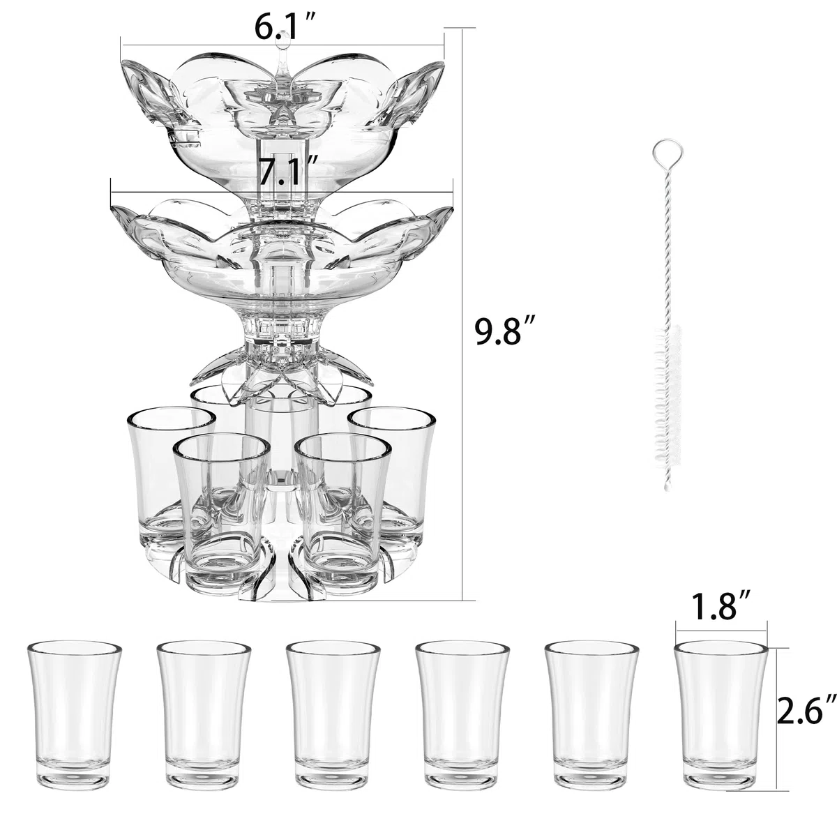 Dispensador y soporte de doble capa mejorado con 6 vasos de chupito, dispensador de llenado de líquido, dispensador de cerveza, dispensador de bebidas para jugo o vino con cepillo