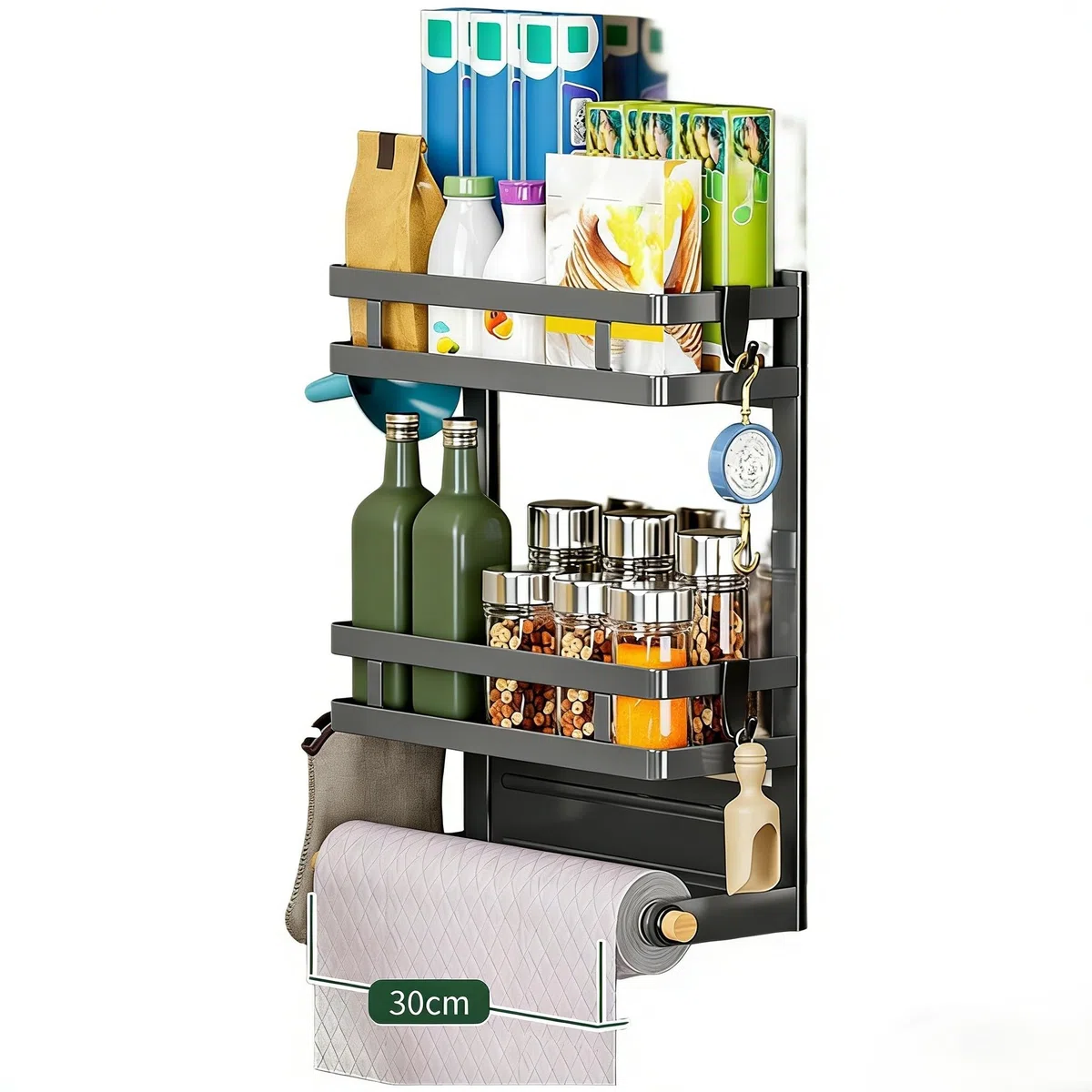 Estante de almacenamiento lateral magnético multicapa para nevera, cocina, baño o balcón, 30 x 11,5 x 37 cm, acero al carbono, revestimiento inoxidable (A)