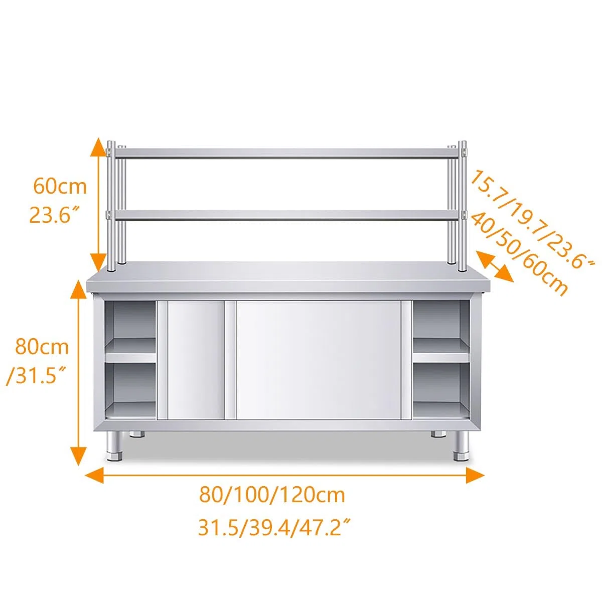 Mesa de trabajo de acero inoxidable, mesa de preparación de cocina comercial resistente con puerta corredera y estante superior para restaurante y bar