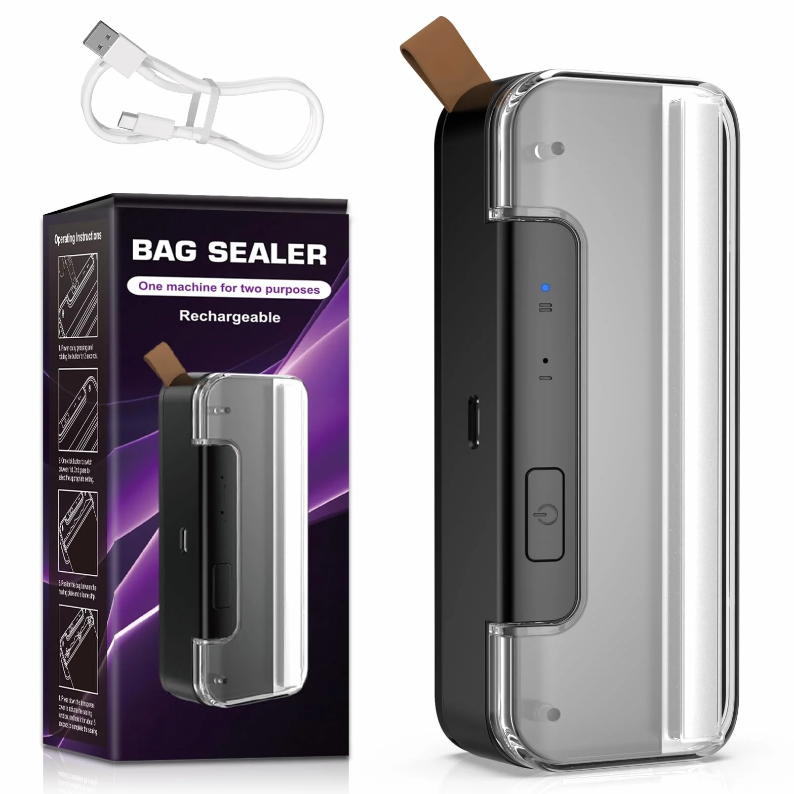 Mini Sellador de Bolsas, 2 en 1 con Cortador - Selladora Térmica Portátil Recargable por USB, Base Magnética (Auto-Off), Termoselladora para Bolsas de Virutas, Aperitivos,Frutas,Galletas- Negro
