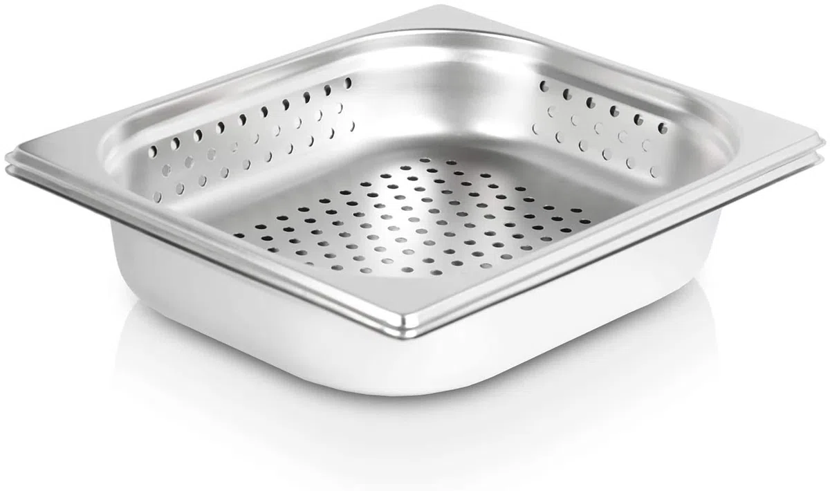 Recipiente GN 1/2 65 mm con perforaciones de 6 mm, de acero inoxidable - Dimensiones: 325 x 265 x 65 mm – ideal para cocinar con Chafing Dish o Bain Marie (0,6 mm de grosor)
