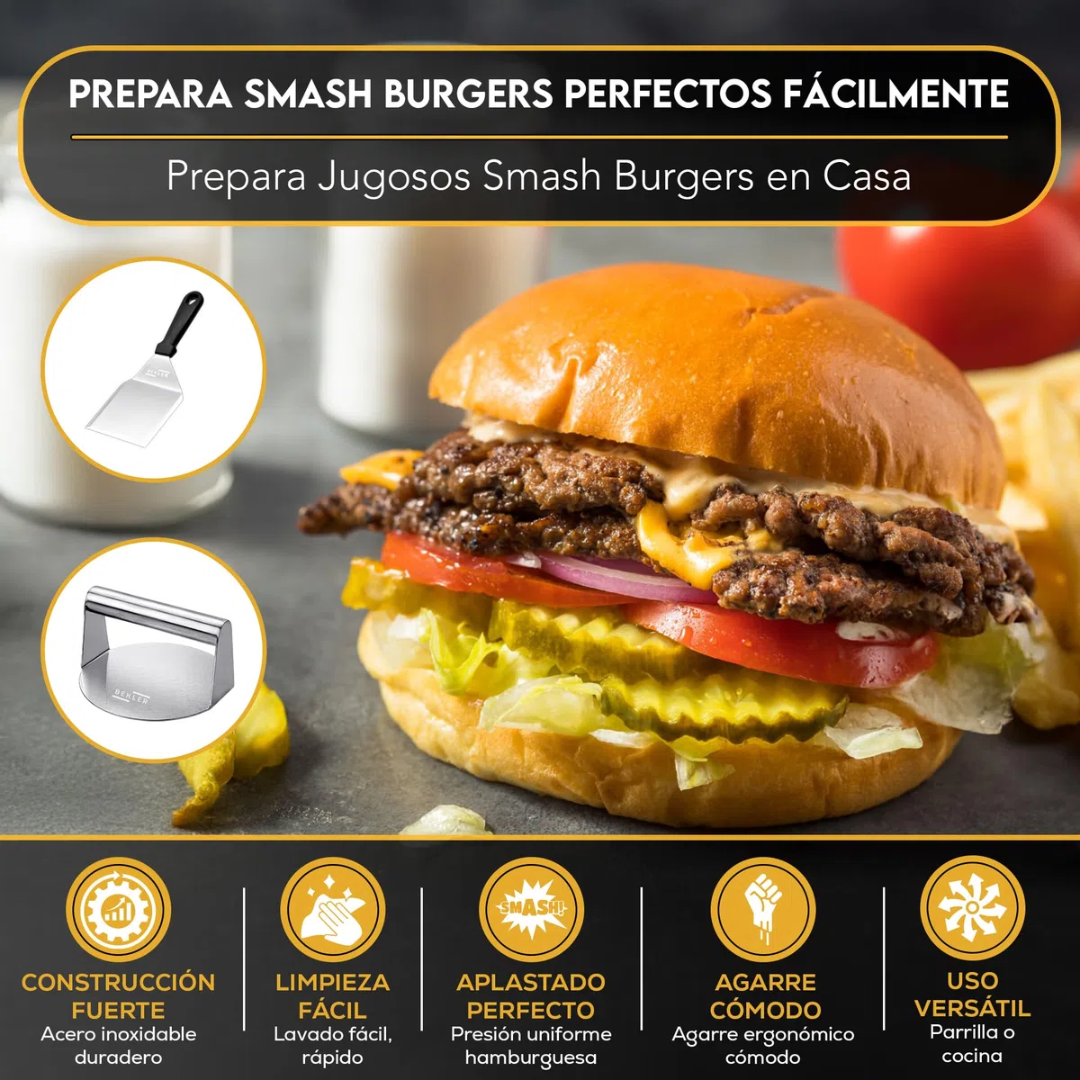 BEKLER Kit Smash Burger - Smash Burger Kit con Aplastador De Hamburguesas Y Espátula, Prensa para Hamburguesas Smash En Acero Inoxidable, Aplasta Hamburguesas Profesional