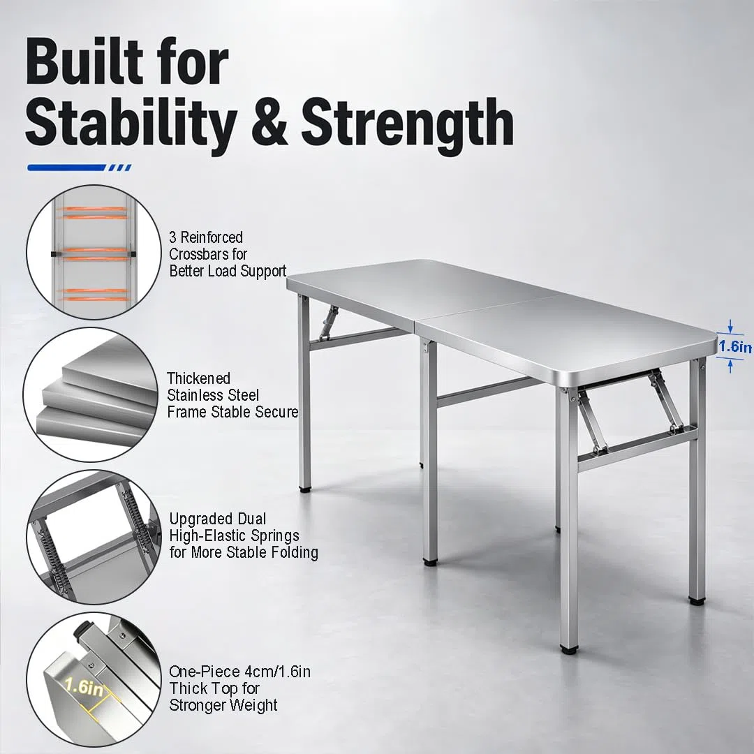 Banco de Trabajo Resistente de Acero Inoxidable 304, Mesa de preparación de Cocina Plegable, Mesa Plegable para lavandería, Ideal para Camping, barbacoas y restaurantes (tamaño: 59 * 23.6 * 28.7