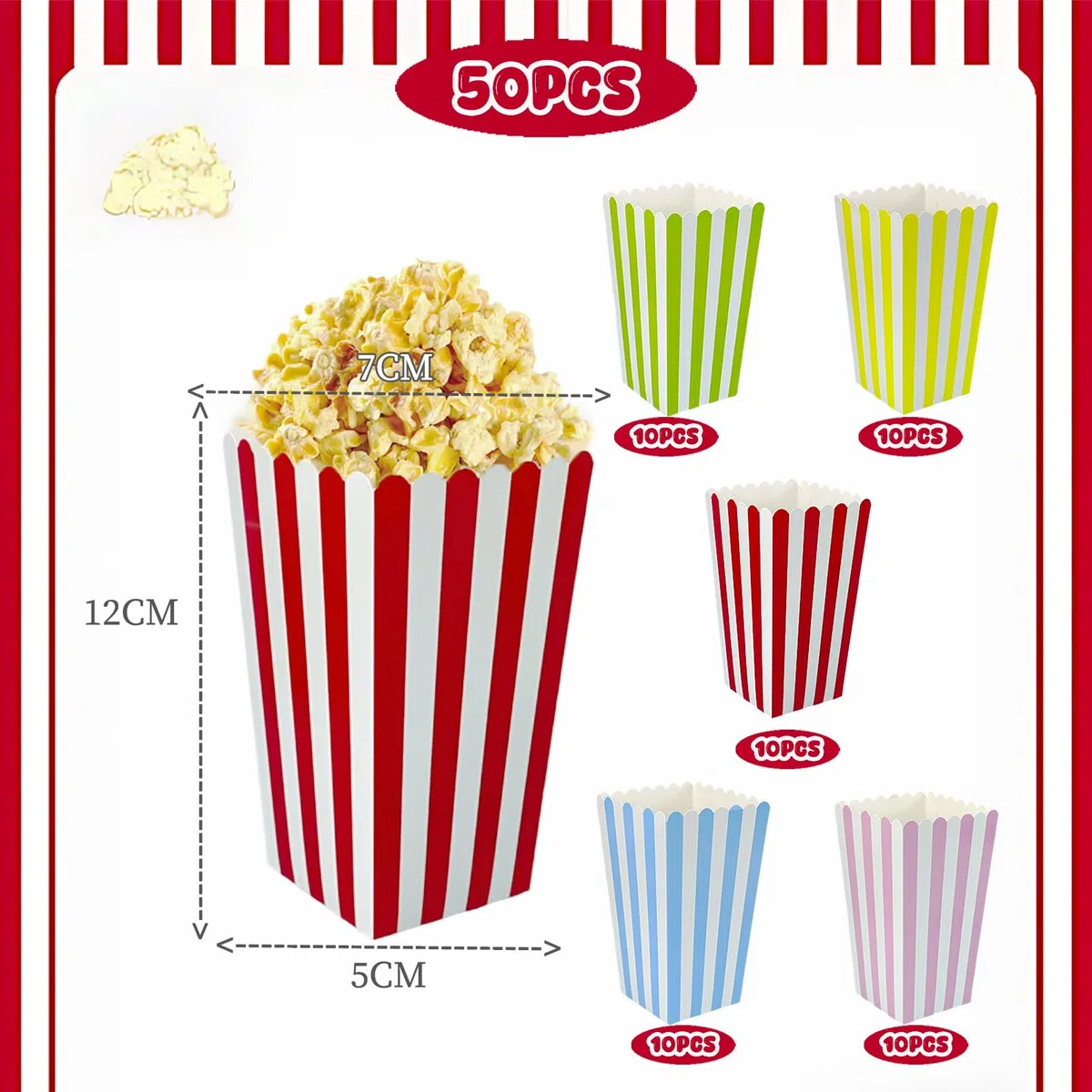 50 PCS Cajas Palomitas,olsas Pequeñas para Palomitas de Maíz y Caramelos Cajas de Papel, Fácil de Montar, Bolsas Palomitas a Rayas for Cinema Parties Events and Home Cinema